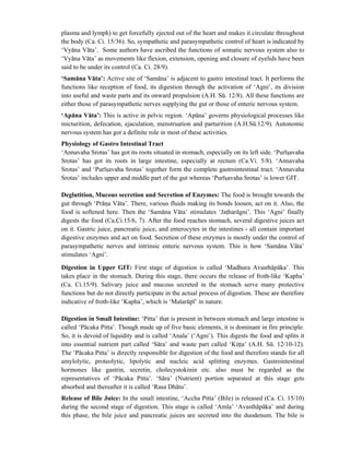 plasma and lymph) to get forcefully ejected out of the heart and makes it circulate throughout
the body (Ca. Ci. 15/36). So, sympathetic and parasympathetic control of heart is indicated by
‘Vyāna Vāta’. Some authors have ascribed the functions of somatic nervous system also to
‘Vyāna Vāta’ as movements like flexion, extension, opening and closure of eyelids have been
said to be under its control (Ca. Ci. 28/9).
‘Samāna Vāta’: Active site of ‘Samāna’ is adjacent to gastro intestinal tract. It performs the
functions like reception of food, its digestion through the activation of ‘Agni’, its division
into useful and waste parts and its onward propulsion (A.H. Sū. 12/8). All these functions are
either those of parasympathetic nerves supplying the gut or those of enteric nervous system.
‘Apāna Vāta’: This is active in pelvic region. ‘Apāna’ governs physiological processes like
micturition, defecation, ejaculation, menstruation and parturition (A.H.Sū.12/9). Autonomic
nervous system has got a definite role in most of these activities.
Physiology of Gastro Intestinal Tract
‘Annavaha Srotas’ has got its roots situated in stomach, especially on its left side. ‘Purīsavaha
Srotas’ has got its roots in large intestine, especially at rectum (Ca.Vi. 5/8). ‘Annavaha
Srotas’ and ‘Purīsavaha Srotas’ together form the complete gastrointestinal tract. ‘Annavaha
Srotas’ includes upper and middle part of the gut whereas ‘Purīsavaha Srotas’ is lower GIT.
Deglutition, Mucous secretion and Secretion of Enzymes: The food is brought towards the
gut through ‘Prāna Vāta’. There, various fluids making its bonds loosen, act on it. Also, the
food is softened here. Then the ‘Samāna Vāta’ stimulates ‘Jatharāgni’. This ‘Agni’ finally
digests the food (Ca.Ci.15/6, 7). After the food reaches stomach, several digestive juices act
on it. Gastric juice, pancreatic juice, and enterocytes in the intestines - all contain important
digestive enzymes and act on food. Secretion of these enzymes is mostly under the control of
parasympathetic nerves and intrinsic enteric nervous system. This is how ‘Samāna Vāta’
stimulates ‘Agni’.
Digestion in Upper GIT: First stage of digestion is called ‘Madhura Avasthāpāka’. This
takes place in the stomach. During this stage, there occurs the release of froth-like ‘Kapha’
(Ca. Ci.15/9). Salivary juice and mucous secreted in the stomach serve many protective
functions but do not directly participate in the actual process of digestion. These are therefore
indicative of froth-like ‘Kapha’, which is ‘Malarūpī’ in nature.
Digestion in Small Intestine: ‘Pitta’ that is present in between stomach and large intestine is
called ‘Pācaka Pitta’. Though made up of five basic elements, it is dominant in fire principle.
So, it is devoid of liquidity and is called ‘Anala’ (‘Agni’). This digests the food and splits it
into essential nutrient part called ‘Sāra’ and waste part called ‘Kitta’ (A.H. Sū. 12/10-12).
The ‘Pācaka Pitta’ is directly responsible for digestion of the food and therefore stands for all
amylolytic, proteolytic, lipolytic and nucleic acid splitting enzymes. Gastrointestinal
hormones like gastrin, secretin, cholecystokinin etc. also must be regarded as the
representatives of ‘Pācaka Pitta’. ‘Sāra’ (Nutrient) portion separated at this stage gets
absorbed and thereafter it is called ‘Rasa Dhātu’.
Release of Bile Juice: In the small intestine, ‘Accha Pitta’ (Bile) is released (Ca. Ci. 15/10)
during the second stage of digestion. This stage is called ‘Amla’ ‘Avasthāpāka’ and during
this phase, the bile juice and pancreatic juices are secreted into the duodenum. The bile is
 