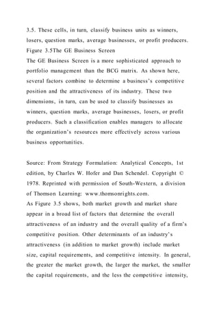 3.5. These cells, in turn, classify business units as winners,
losers, question marks, average businesses, or profit producers.
Figure 3.5The GE Business Screen
The GE Business Screen is a more sophisticated approach to
portfolio management than the BCG matrix. As shown here,
several factors combine to determine a business’s competitive
position and the attractiveness of its industry. These two
dimensions, in turn, can be used to classify businesses as
winners, question marks, average businesses, losers, or profit
producers. Such a classification enables managers to allocate
the organization’s resources more effectively across various
business opportunities.
Source: From Strategy Formulation: Analytical Concepts, 1st
edition, by Charles W. Hofer and Dan Schendel. Copyright ©
1978. Reprinted with permission of South-Western, a division
of Thomson Learning: www.thomsonrights.com.
As Figure 3.5 shows, both market growth and market share
appear in a broad list of factors that determine the overall
attractiveness of an industry and the overall quality of a firm’s
competitive position. Other determinants of an industry’s
attractiveness (in addition to market growth) include market
size, capital requirements, and competitive intensity. In general,
the greater the market growth, the larger the market, the smaller
the capital requirements, and the less the competitive intensity,
 