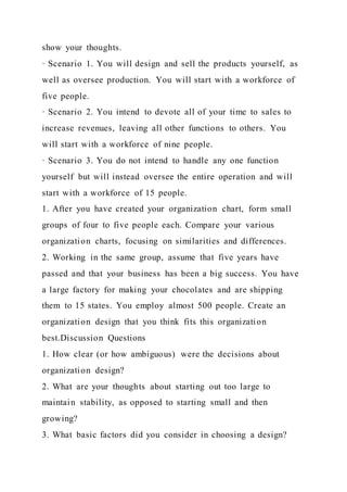 show your thoughts.
· Scenario 1. You will design and sell the products yourself, as
well as oversee production. You will start with a workforce of
five people.
· Scenario 2. You intend to devote all of your time to sales to
increase revenues, leaving all other functions to others. You
will start with a workforce of nine people.
· Scenario 3. You do not intend to handle any one function
yourself but will instead oversee the entire operation and will
start with a workforce of 15 people.
1. After you have created your organization chart, form small
groups of four to five people each. Compare your various
organization charts, focusing on similarities and differences.
2. Working in the same group, assume that five years have
passed and that your business has been a big success. You have
a large factory for making your chocolates and are shipping
them to 15 states. You employ almost 500 people. Create an
organization design that you think fits this organization
best.Discussion Questions
1. How clear (or how ambiguous) were the decisions about
organization design?
2. What are your thoughts about starting out too large to
maintain stability, as opposed to starting small and then
growing?
3. What basic factors did you consider in choosing a design?
 