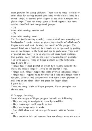 most popular for young children. These can be made in child or
adult sizes by tracing around your hand or the child’s hand in a
mitten shape, or around your fingers or the child’s fingers for a
glove shape. There are many types of hand puppets, but most
can be classified into two general groups:
· (1)
those with moving mouths and
· (2)
those with moving hands.
The first (with moving mouths) is any sort of hand covering—a
handkerchief, sock, mitten, or paper bag—inside of which one’s
fingers open and shut, forming the mouth of the puppet. The
second kind has a head and two hands and is operated by putting
one or two fingers in the head and one in each hand. This kind
of puppet can freely pick up objects and make hand motions,
thus putting more realism into a performance.Finger puppets.
The three general types of finger puppets are the following
(see Figure 15-3):
· Finger-leg. Finger puppet in which two fingers (usually the
index and middle fingers) serve as the puppet’s legs.
· Finger-cap. Finger puppet that slips over an individual finger.
· Finger-face. Puppet made by drawing a face on a finger with a
felt pen. Usually, one can perform with quite a few puppets of
this type at one time. They are great for finger plays!
Figure 15-3
There are many kinds of finger puppets. Three examples are
shown here.
© Cengage Learning
Some advantages of finger puppets include the following.
· They are easy to manipulate, even by a toddler.
· They encourage small muscle action.
· They are inexpensive to make.
· One child alone can put on a performance with an “entire
cast.”
· They maintain interest because they are always easy and quick
 