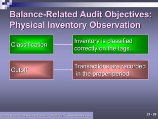 21 - 26
©2006 Prentice Hall Business Publishing, Auditing 11/e, Arens/Beasley/Elder
Classification
Inventory is classified
correctly on the tags.
Cutoff
Transactions are recorded
in the proper period.
Balance-Related Audit Objectives:
Physical Inventory Observation
 