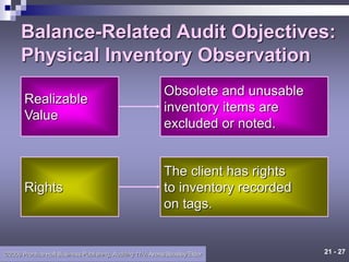 21 - 27
©2006 Prentice Hall Business Publishing, Auditing 11/e, Arens/Beasley/Elder
Balance-Related Audit Objectives:
Physical Inventory Observation
Rights
The client has rights
to inventory recorded
on tags.
Realizable
Value
Obsolete and unusable
inventory items are
excluded or noted.
 