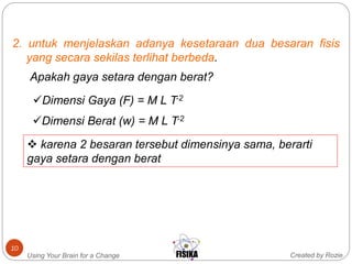 Created by RozieUsing Your Brain for a Change
10
2. untuk menjelaskan adanya kesetaraan dua besaran fisis
yang secara sekilas terlihat berbeda.
Dimensi Berat (w) = M L T-2
Apakah gaya setara dengan berat?
Dimensi Gaya (F) = M L T-2
 karena 2 besaran tersebut dimensinya sama, berarti
gaya setara dengan berat
 