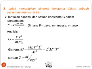 Created by RozieUsing Your Brain for a Change
11
3. untuk menentukan dimensi konstanta dalam sebuah
persamaan/rumus fisika.
2
21.
r
mm
GF 
Tentukan dimensi dan satuan konstanta G dalam
persamaan:
Dimana F= gaya, m= massa, r= jarak
2
3
213
2
22
21
2
Gsatuan
dimensi
.
kgs
m
TML
M
LMLT
G
mm
rF
G





Analisis:
 