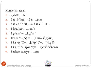 Created by RozieUsing Your Brain for a Change
17
Konversi satuan:
1. 5µN= …N
2. 2 x 107 km = 2 x …mm
3. 3,0 x 10-5 GHz = 3,0 x …kHz
4. 1 km/jam=…m/s
5. 2 g/cm3=…kg/m3
6. 1kg m/s2(N) = …g cm/s2(dyne)
7. 1 kal/g oC=…J/kg oC=…J/kg K
8. 1 kg m2/s2 (joule)=…g cm2/s2(erg)
9. 1 tahun cahaya=…cm
 