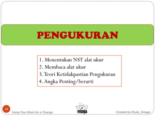 Created by Rozie_SmagaUsing Your Brain for a Change
18
PENGUKURAN
1. Menentukan NST alat ukur
2. Membaca alat ukur
3.Teori Ketidakpastian Pengukuran
4.Angka Penting/berarti
 