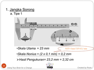Created by RozieUsing Your Brain for a Change
28
1. Jangka Sorong
a. Tipe 1
•Skala Utama = 23 mm
•Skala Nonius = (2 x 0,1 mm) = 0,2 mm
Hasil Pengukuran= 23,2 mm = 2,32 cm
NST=1mm/10=0,1 mm
 