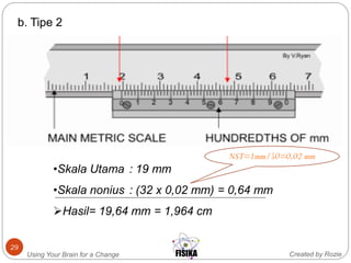 Created by RozieUsing Your Brain for a Change
29
b. Tipe 2
•Skala Utama : 19 mm
•Skala nonius : (32 x 0,02 mm) = 0,64 mm
Hasil= 19,64 mm = 1,964 cm
NST=1mm/50=0,02 mm
 