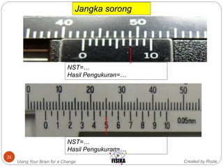 Created by RozieUsing Your Brain for a Change
31
NST=…
Hasil Pengukuran=…
NST=…
Hasil Pengukuran=…
Jangka sorong
 