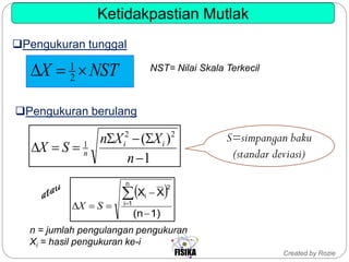 Created by Rozie
Pengukuran tunggal
Ketidakpastian Mutlak
NSTX  2
1
1
)( 22
1



n
XXn
SX ii
n
n = jumlah pengulangan pengukuran
Xi = hasil pengukuran ke-i
Pengukuran berulang
NST= Nilai Skala Terkecil
 
1)(n
XX
n
1i
2
i




SX
S=simpangan baku
(standar deviasi)
 