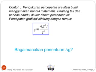 Created by Rozie_SmagaUsing Your Brain for a Change
54
Contoh : Pengukuran percepatan gravitasi bumi
menggunakan bandul matematis. Panjang tali dan
periode bandul diukur dalam percobaan ini.
Percepatan grafitasi dihitung dengan rumus:
Bagaimanakan penentuan ∆g?
 