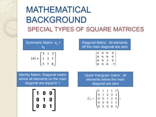 MATHEMATICAL BACKGROUNDSPECIAL TYPES OF SQUARE MATRICESSymmetric Matrix: aij = ajiDiagonal Matrix:  All elements off the main diagonal are zeroIdentity Matrix: Diagonal matrix where all elements on the main diagonal are equal to 1Upper triangular matrix:  all elements below the main diagonal are zero