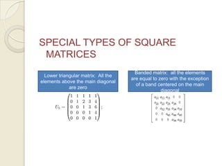 SPECIAL TYPES OF SQUARE MATRICESLower triangular matrix:  All the elements above the main diagonal are zeroBanded matrix:  all the elements are equal to zero with the exception of a band centered on the main diagonal