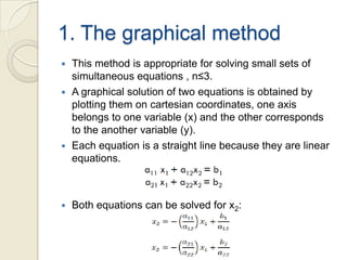 1. The graphical methodThis method is appropriate for solving small sets of simultaneous equations , n≤3.A graphical solution of two equations is obtained by plotting them on cartesian coordinates, one axis belongs to one variable (x) and the other corresponds to the another variable (y). Each equation is a straight line because they are linear equations.Both equations can be solved for x2: