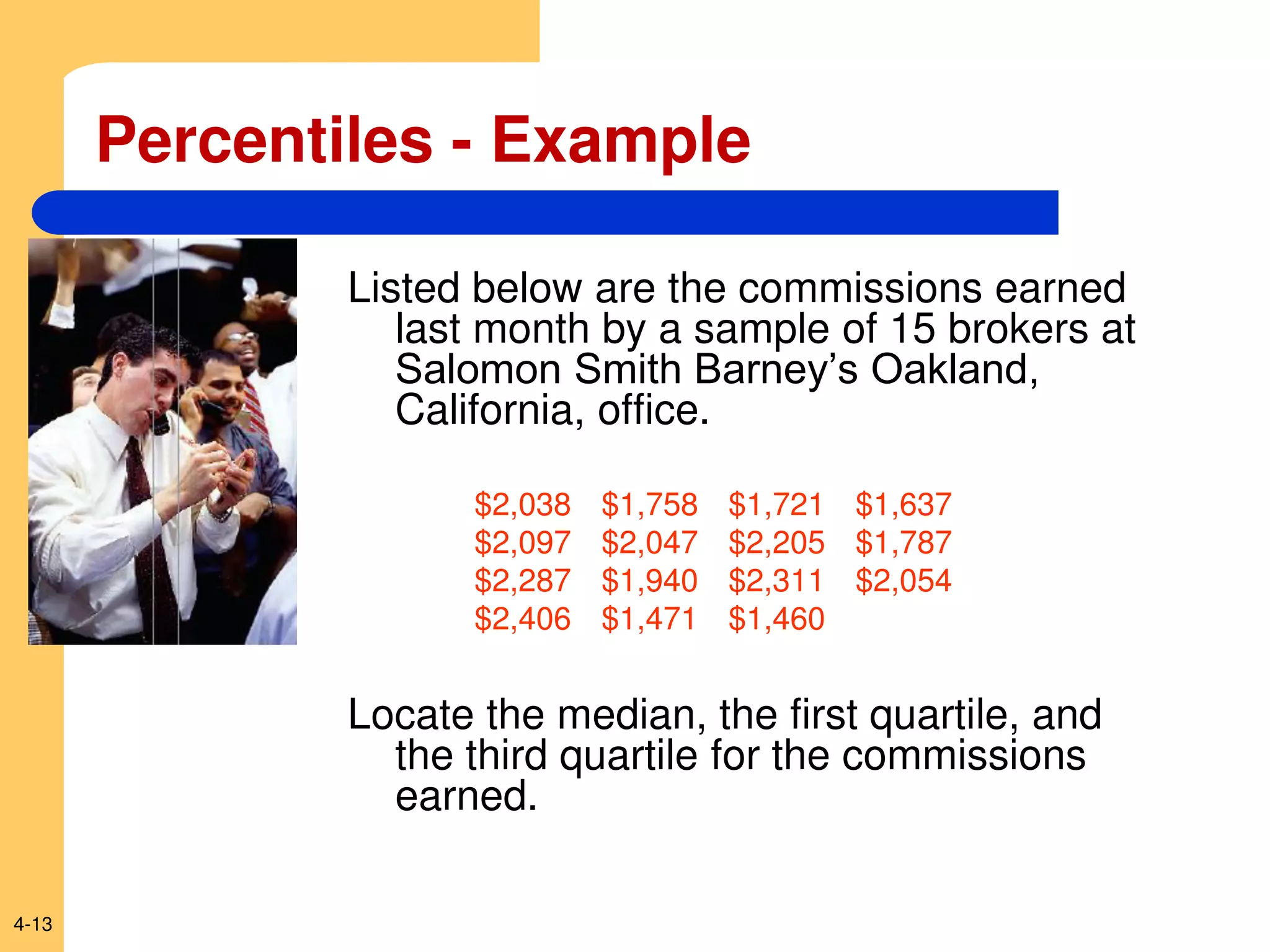 4-13
Percentiles - Example
Listed below are the commissions earned
last month by a sample of 15 brokers at
Salomon Smith Barney’s Oakland,
California, office.
$2,038 $1,758 $1,721 $1,637
$2,097 $2,047 $2,205 $1,787
$2,287 $1,940 $2,311 $2,054
$2,406 $1,471 $1,460
Locate the median, the first quartile, and
the third quartile for the commissions
earned.
 
