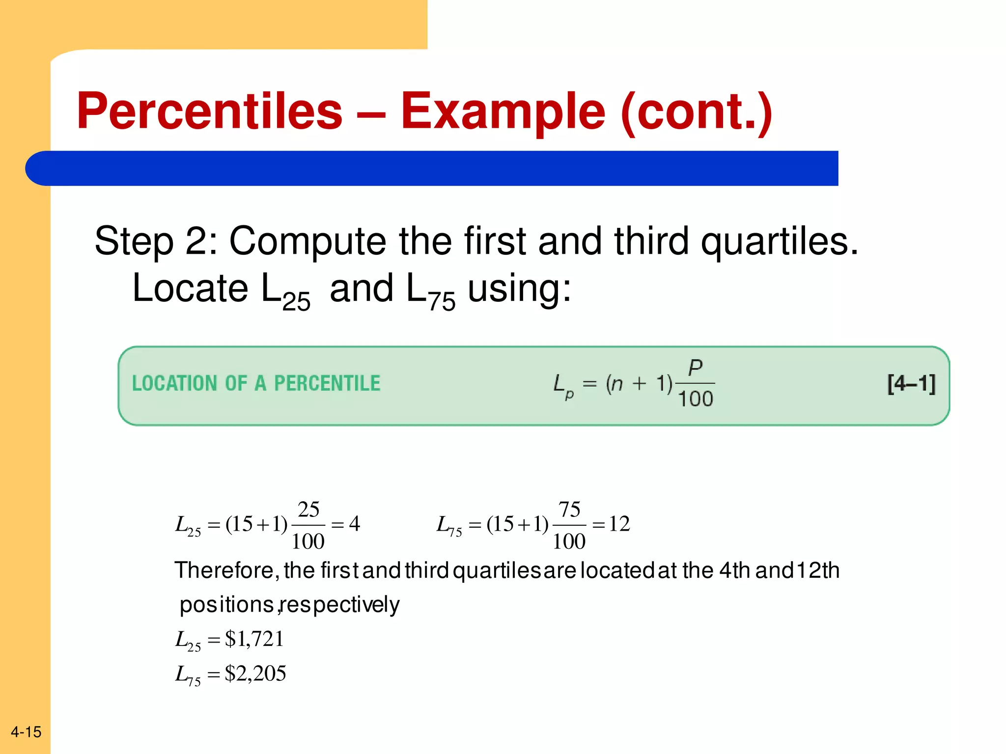4-15
Percentiles – Example (cont.)
Step 2: Compute the first and third quartiles.
Locate L25 and L75 using:
205
,
2
$
721
,
1
$
12
100
75
)
1
15
(
4
100
25
)
1
15
(
75
25
75
25








L
L
L
L
ly
respective
positions,
12th
and
4th
the
at
located
are
quartiles
third
and
first
the
Therefore,
 
