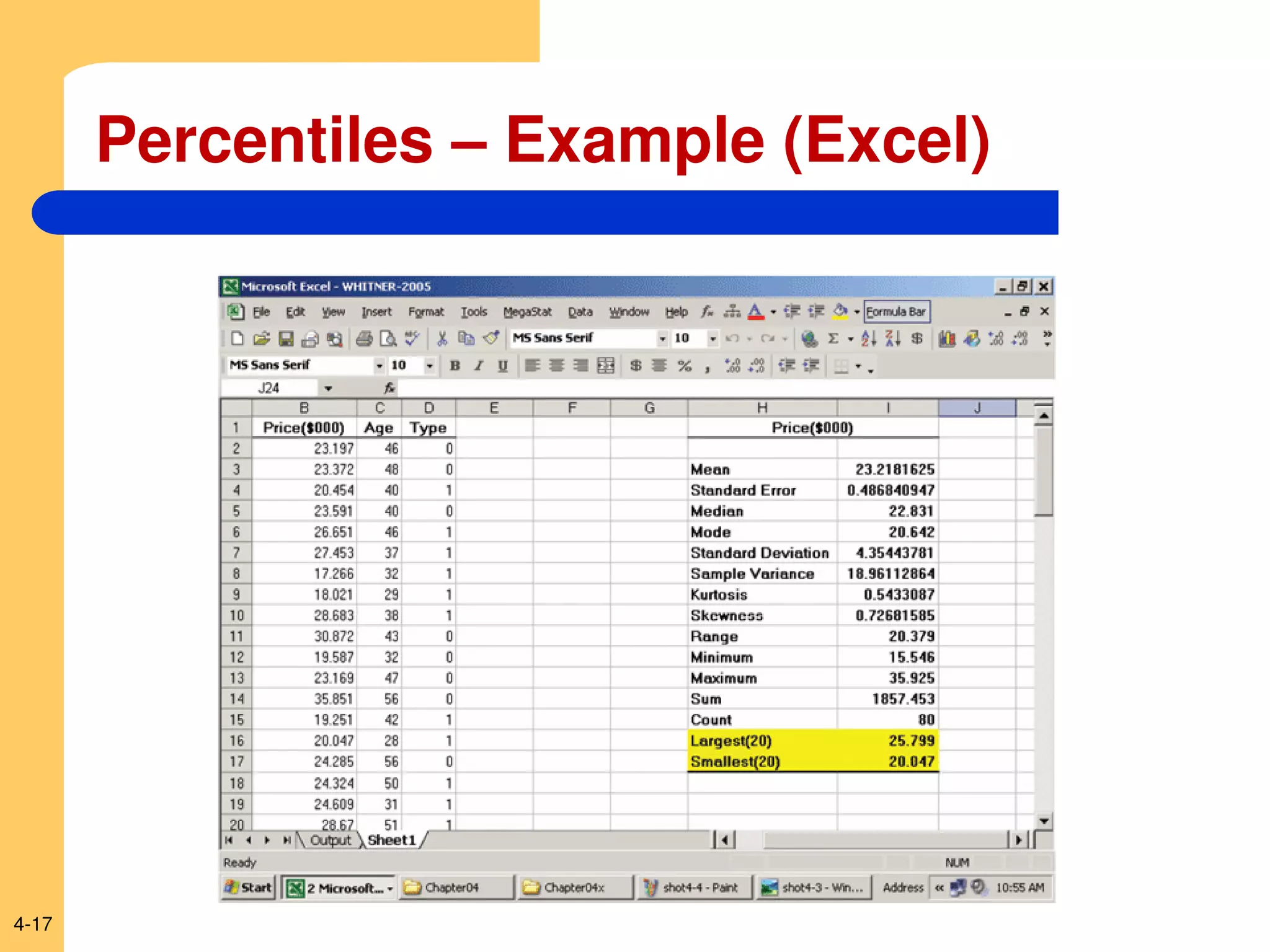 4-17
Percentiles – Example (Excel)
 