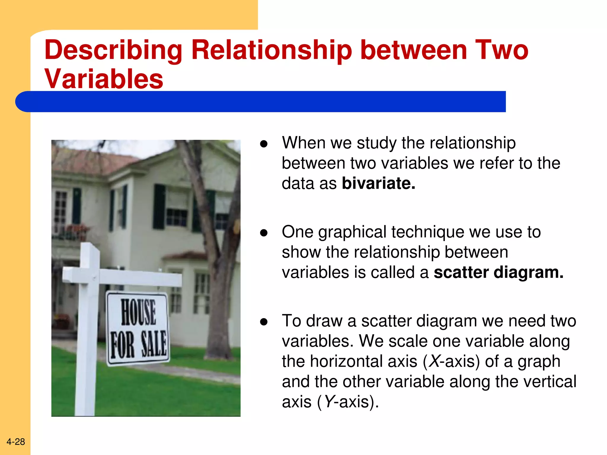 4-28
Describing Relationship between Two
Variables
 When we study the relationship
between two variables we refer to the
data as bivariate.
 One graphical technique we use to
show the relationship between
variables is called a scatter diagram.
 To draw a scatter diagram we need two
variables. We scale one variable along
the horizontal axis (X-axis) of a graph
and the other variable along the vertical
axis (Y-axis).
 