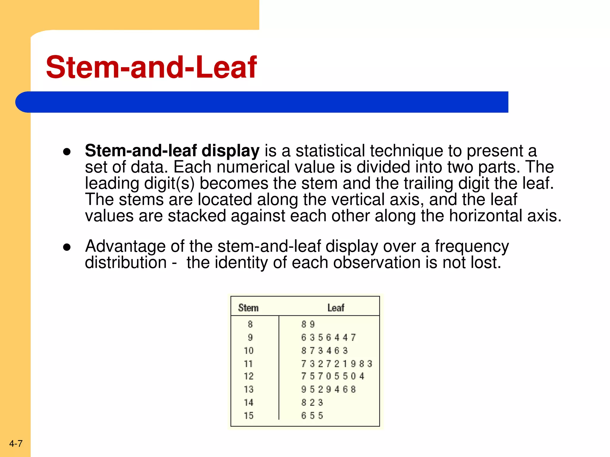 4-7
Stem-and-Leaf
 Stem-and-leaf display is a statistical technique to present a
set of data. Each numerical value is divided into two parts. The
leading digit(s) becomes the stem and the trailing digit the leaf.
The stems are located along the vertical axis, and the leaf
values are stacked against each other along the horizontal axis.
 Advantage of the stem-and-leaf display over a frequency
distribution - the identity of each observation is not lost.
 