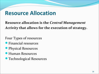 Resource Allocation
Resource allocation is the Central Management
Activity that allows for the execution of strategy.
Four Types of resources
Financial resources
Physical Resources
Human Resources
Technological Resources
39
 