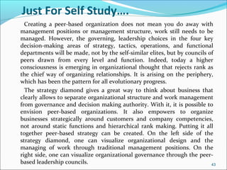 Just For Self Study….
Creating a peer-based organization does not mean you do away with
management positions or management structure, work still needs to be
managed. However, the governing, leadership choices in the four key
decision-making areas of strategy, tactics, operations, and functional
departments will be made, not by the self-similar elites, but by councils of
peers drawn from every level and function. Indeed, today a higher
consciousness is emerging in organizational thought that rejects rank as
the chief way of organizing relationships. It is arising on the periphery,
which has been the pattern for all evolutionary progress.
The strategy diamond gives a great way to think about business that
clearly allows to separate organizational structure and work management
from governance and decision making authority. With it, it is possible to
envision peer-based organizations. It also empowers to organize
businesses strategically around customers and company competencies,
not around static functions and hierarchical rank making. Putting it all
together peer-based strategy can be created. On the left side of the
strategy diamond, one can visualize organizational design and the
managing of work through traditional management positions. On the
right side, one can visualize organizational governance through the peer-
based leadership councils. 43
 