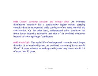 (vii) Current carrying capacity and voltage drop. An overhead
distribution conductor has a considerably higher current carrying
capacity than an underground cable conductor of the same material and
cross-section. On the other hand, underground cable conductor has
much lower inductive reactance than that of an overhead conductor
because of closer spacing of conductors.
(viii) Useful life. The useful life of underground system is much longer
than that of an overhead system. An overhead system may have a useful
life of 25 years, whereas an underground system may have a useful life
of more than 50 years.
10Dr.A.Arunagiri
 
