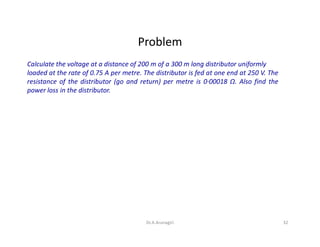 Problem
Calculate the voltage at a distance of 200 m of a 300 m long distributor uniformly
loaded at the rate of 0.75 A per metre. The distributor is fed at one end at 250 V. The
resistance of the distributor (go and return) per metre is 0·00018 Ω. Also find the
power loss in the distributor.
32Dr.A.Arunagiri
 