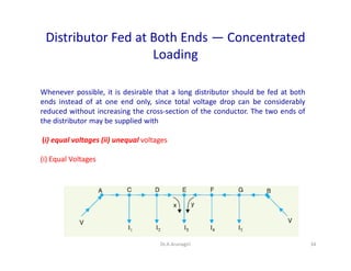 Distributor Fed at Both Ends — Concentrated
Loading
Whenever possible, it is desirable that a long distributor should be fed at both
ends instead of at one end only, since total voltage drop can be considerably
reduced without increasing the cross-section of the conductor. The two ends of
the distributor may be supplied with
(i) equal voltages (ii) unequal voltages
(i) Equal Voltages
34Dr.A.Arunagiri
 
