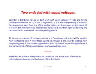 Two ends fed with equal voltages.
Consider a distributor AB fed at both ends with equal voltages V volts and having
concentrated loads I1, I2, I3, I4 and I5 at points C, D, E, F and G respectively as shown in
Fig. As we move away from one of the feeding points, say A, p.d. goes on decreasing till
it reaches the minimum value at some load point, say E, and then again starts rising and
becomes V volts as we reach the other feeding point B.
All the currents tapped off between points A and E (minimum p.d. point) will be supplied
from the feeding point A while those tapped off between B and E will be supplied from
the feeding point B. The current tapped off at point E itself will be partly supplied from A
and partly from B. If these currents are x and y respectively, then,
I3 = x + y
Therefore, we arrive at a very important conclusion that at the point of minimum
potential current comes from both ends of the distributor.
35Dr.A.Arunagiri
 