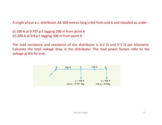 A single phase a.c. distributor AB 300 metres long is fed from end A and isloaded as under :
(i) 100 A at 0·707 p.f. lagging 200 m from point A
(ii) 200 A at 0·8 p.f. lagging 300 m from point A
The load resistance and reactance of the distributor is 0·2 Ω and 0·1 Ω per kilometre.
Calculate the total voltage drop in the distributor. The load power factors refer to the
voltage at the far end.
52Dr.A.Arunagiri
 