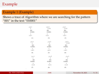 Example
Example 1 (Example)
Shows a trace of Algorithm where we are searching for the pattern
“001” in the text “010001”
Mr. PEN CHENTRA AMS November 18, 2023 9 / 31
 