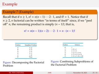 Example
Example 7 (Example)
Recall that if n ≥ 1, n! = n(n − 1) · · · 2 · 1, and 0! = 1. Notice that if
n ≥ 2, n factorial can be written “in terms of itself” since, if we “peel
off” n, the remaining product is simply (n − 1)!; that is,
n! = n(n − 1)(n − 2) · · · 2 · 1 = n · (n − 1)!
Figure: Decomposing the Factorial
Problem
Figure: Combining Subproblems of
the Factorial Problem
Mr. PEN CHENTRA AMS November 18, 2023 27 / 31
 