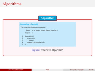 Algorithms
Algorithm
Figure: recursive algorithm
Mr. PEN CHENTRA AMS November 18, 2023 28 / 31
 