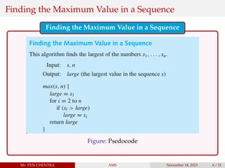Finding the Maximum Value in a Sequence
Finding the Maximum Value in a Sequence
Figure: Psedocode
Mr. PEN CHENTRA AMS November 18, 2023 6 / 31
 