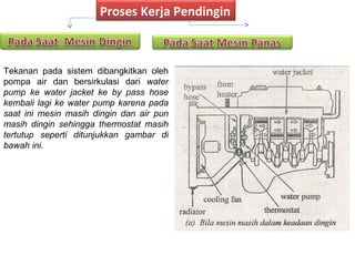 Proses Kerja Pendingin
Tekanan pada sistem dibangkitkan oleh
pompa air dan bersirkulasi dari water
pump ke water jacket ke by pass hose
kembali lagi ke water pump karena pada
saat ini mesin masih dingin dan air pun
masih dingin sehingga thermostat masih
tertutup seperti ditunjukkan gambar di
bawah ini.
 