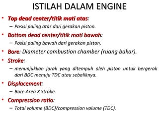 ISTILAH DALAM ENGINEISTILAH DALAM ENGINE
• Top dead center/titik mati atasTop dead center/titik mati atas:
– Posisi paling atas dari gerakan piston.
• Bottom dead center/titik mati bawahBottom dead center/titik mati bawah:
– Posisi paling bawah dari gerakan piston.
• BoreBore: Diameter combustion chamber (ruang bakar).
• StrokeStroke:
– menunjukkan jarak yang ditempuh oleh piston untuk bergerak
dari BDC menuju TDC atau sebaliknya.
• DisplacementDisplacement:
– Bore Area X Stroke.
• Compression ratioCompression ratio:
– Total volume (BDC)/compression volume (TDC).
 