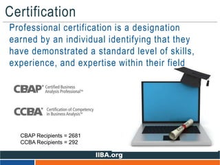Certification
• Professional certification is a designation
earned by an individual identifying that they
have demonstrated a standard level of skills,
experience, and expertise within their field
CBAP Recipients = 2681
CCBA Recipients = 292
 