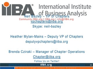Community.IIBA.org | IIBA.org | info@IIBA.org
© I n t e r n a t i o n a l I n s t i t u t e o f B u s i n e s s A n a l y s i s
21
. Neil Bazley – VP of Chapters
. vpchapters@iiba.org
. Skype: neil-bazley
. Heather Mylan-Mains – Deputy VP of Chapters
. deputyvpchapters@iiba.org
. Brenda Cziraki – Manager of Chapter Operations
. Chapter@iiba.org
. Follow Us on Twitter!
. @IIBAChapters keeps you in touch with the latest Chapter news
 