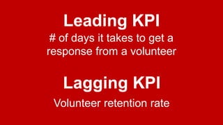 Leading KPI
# of days it takes to get a
response from a volunteer
Lagging KPI
Volunteer retention rate
 