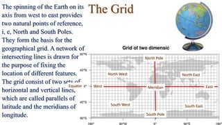 The GridThe spinning of the Earth on its
axis from west to east provides
two natural points of reference,
i, e, North and South Poles.
They form the basis for the
geographical grid. A network of
intersecting lines is drawn for
the purpose of fixing the
location of different features.
The grid consist of two sets of
horizontal and vertical lines,
which are called parallels of
latitude and the meridians of
longitude.
North Pole
South Pole
West East
North West
South West
North East
South East
Equator Meridian
 