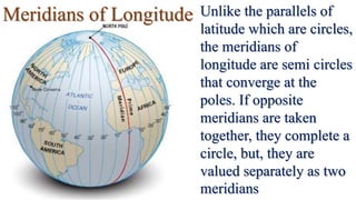 Meridians of Longitude Unlike the parallels of
latitude which are circles,
the meridians of
longitude are semi circles
that converge at the
poles. If opposite
meridians are taken
together, they complete a
circle, but, they are
valued separately as two
meridians
 