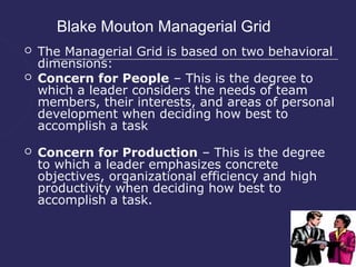 Blake Mouton Managerial Grid
   The Managerial Grid is based on two behavioral
    dimensions:
   Concern for People – This is the degree to
    which a leader considers the needs of team
    members, their interests, and areas of personal
    development when deciding how best to
    accomplish a task
   Concern for Production – This is the degree
    to which a leader emphasizes concrete
    objectives, organizational efficiency and high
    productivity when deciding how best to
    accomplish a task.
 