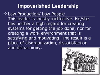 Impoverished Leadership
   Low Production/ Low People
    This leader is mostly ineffective. He/she
    has neither a high regard for creating
    systems for getting the job done, nor for
    creating a work environment that is
    satisfying and motivating. The result is a
    place of disorganization, dissatisfaction
    and disharmony.
 