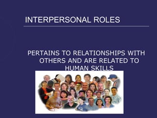 INTERPERSONAL ROLES



PERTAINS TO RELATIONSHIPS WITH
   OTHERS AND ARE RELATED TO
          HUMAN SKILLS
 