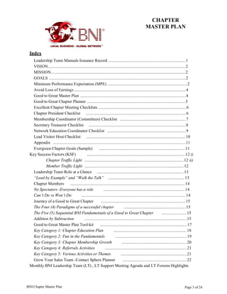 Page 3 of 24BNI Chapter Master Plan
CHAPTER
MASTER PLAN
Index
Leadership Team Manuals Issuance Record .......................