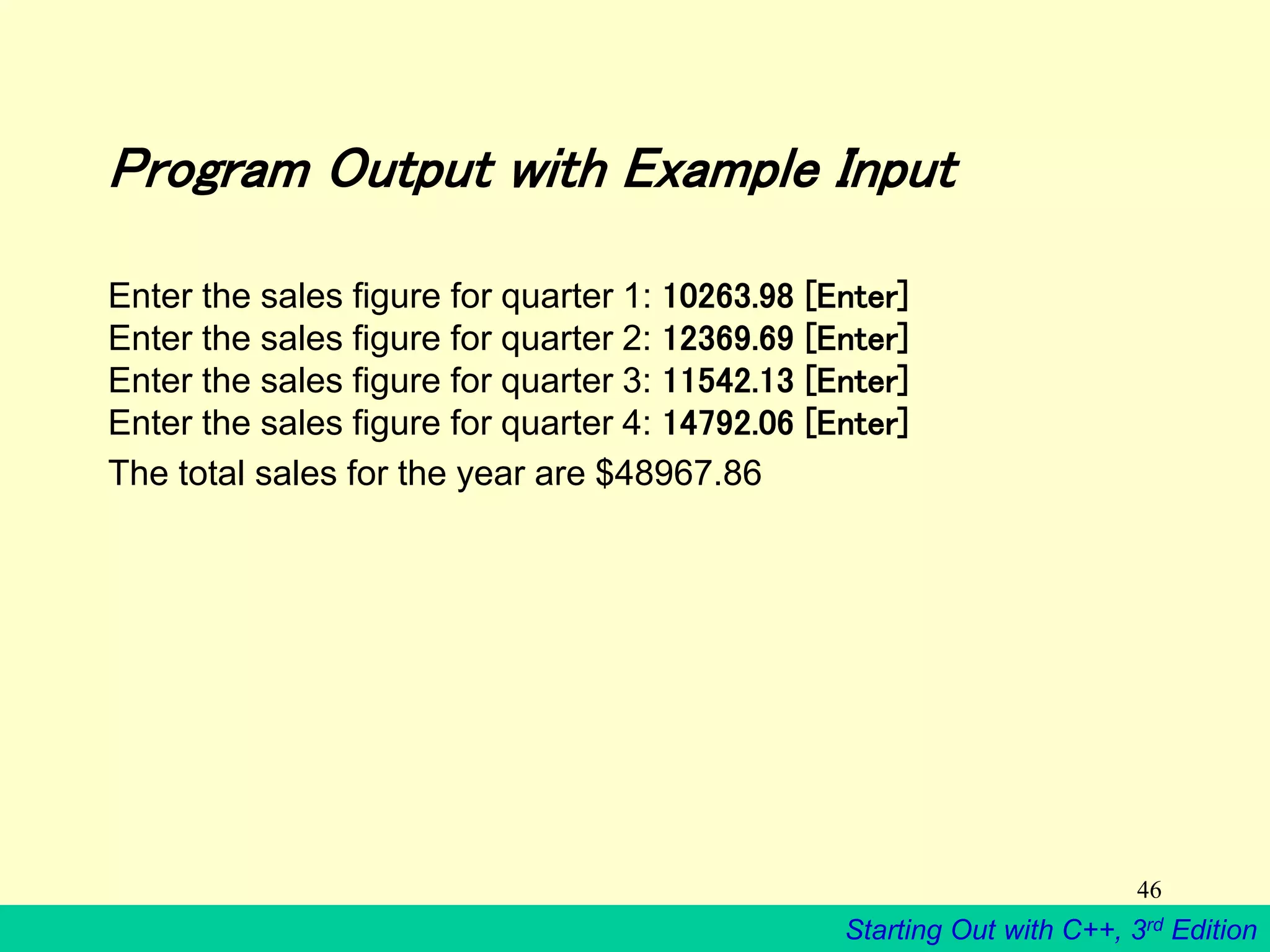 Starting Out with C++, 3rd Edition
46
Program Output with Example Input
Enter the sales figure for quarter 1: 10263.98 [Enter]
Enter the sales figure for quarter 2: 12369.69 [Enter]
Enter the sales figure for quarter 3: 11542.13 [Enter]
Enter the sales figure for quarter 4: 14792.06 [Enter]
The total sales for the year are $48967.86
 