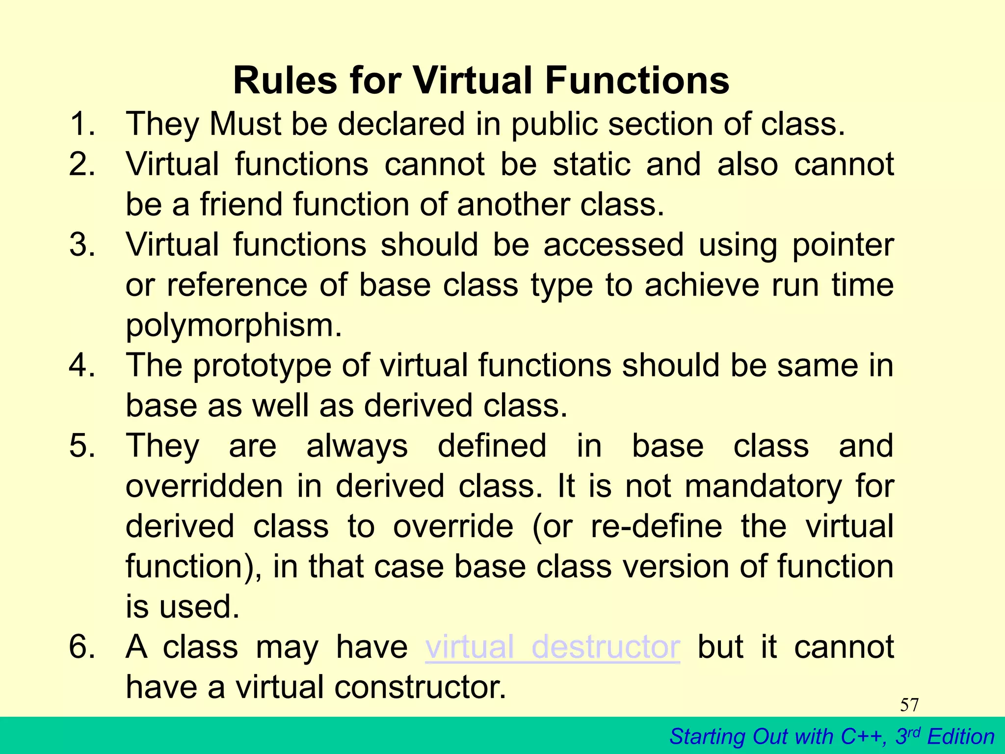 Starting Out with C++, 3rd Edition
57
Rules for Virtual Functions
1. They Must be declared in public section of class.
2. Virtual functions cannot be static and also cannot
be a friend function of another class.
3. Virtual functions should be accessed using pointer
or reference of base class type to achieve run time
polymorphism.
4. The prototype of virtual functions should be same in
base as well as derived class.
5. They are always defined in base class and
overridden in derived class. It is not mandatory for
derived class to override (or re-define the virtual
function), in that case base class version of function
is used.
6. A class may have virtual destructor but it cannot
have a virtual constructor.
 