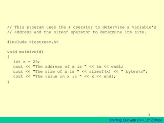 Starting Out with C++, 3rd Edition
5
// This program uses the & operator to determine a variable’s
// address and the sizeof operator to determine its size.
#include <iostream.h>
void main(void)
{
int x = 25;
cout << "The address of x is " << &x << endl;
cout << "The size of x is " << sizeof(x) << " bytesn";
cout << "The value in x is " << x << endl;
}
 