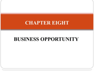 CHAPTER EIGHT
BUSINESS OPPORTUNITY
 