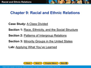 Racial and Ethnic Relations
Original Content Copyright © Holt McDougal. Additions and changes to the original content are the responsibility of the instructor.
Chapter 9: Racial and Ethnic Relations
Case Study: A Class Divided
Section 1: Race, Ethnicity, and the Social Structure
Section 2: Patterns of Intergroup Relations
Section 3: Minority Groups in the United States
Lab: Applying What You’ve Learned
 
